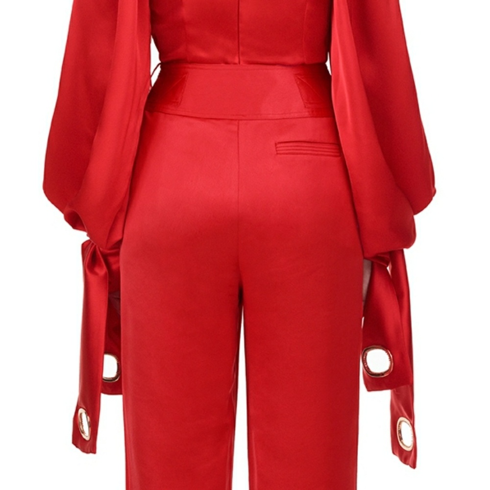 Self Portrait Belted Cuff Satin Red Trouser - Picture 4 of 5